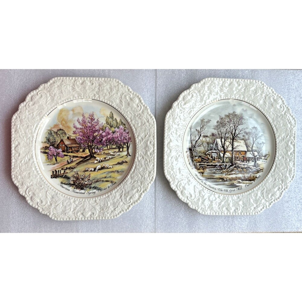 2 Lord Nelson Pottery Four Season Currier & Ives Plates, Spring & Winter 8 1/4"